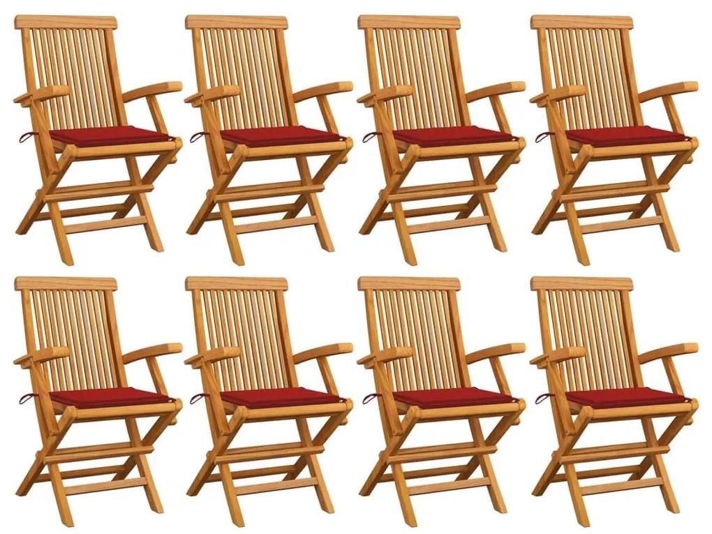 Καρέκλες Κήπου 8 τεμ. από Μασίφ Ξύλο Teak με Κόκκινα Μαξιλάρια - Κόκκινο