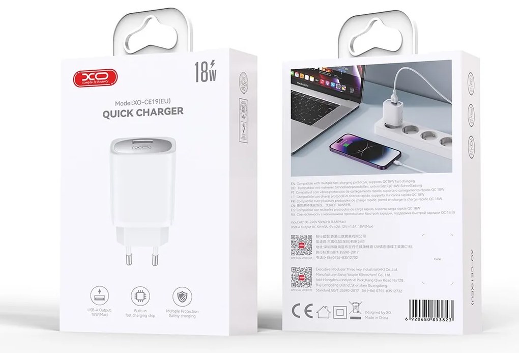 XO CE19 wall charger QC 18W 1x USB white