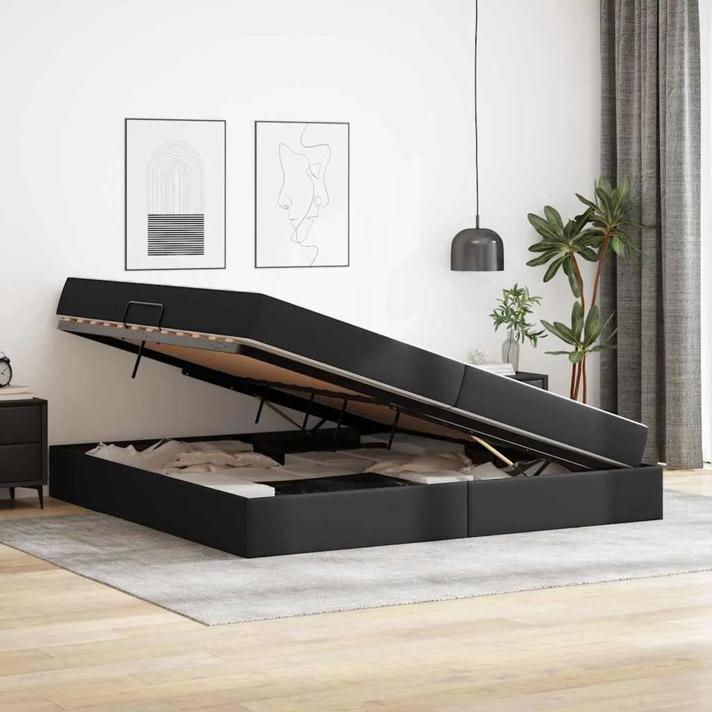 vidaXL Κρεβάτι με αποθηκευτικό χώρο και στρώμα 2 pcs Μαύρο Δέρμα