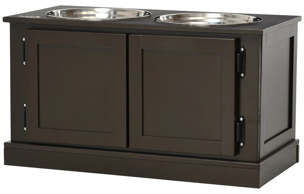 PawHut Σταθμός Τροφοδοσίας Υψωμένα Μπολ, Περιλαμβάνει Αποθηκευτικό Χώρο, 60 cm x 30 cm x 34 cm, Καφέ + Ασημί