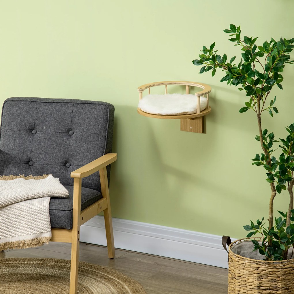 PawHut Wandliege, κρεβάτι γάτας, με προστατευτικό χείλος, μαξιλάρι ύπνου, για τοποθέτηση στον τοίχο, δρυς+κρεμ λευκό, 34 x 34 x 10,5 cm