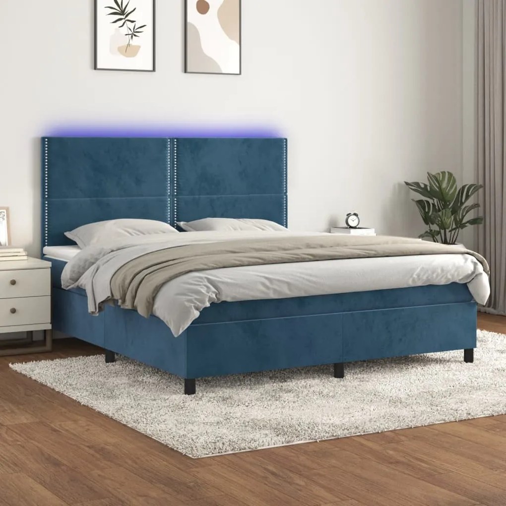 Κρεβάτι Boxspring με Στρώμα &amp; LED Σκ. Μπλε 180x200εκ. Βελούδινο - Μπλε