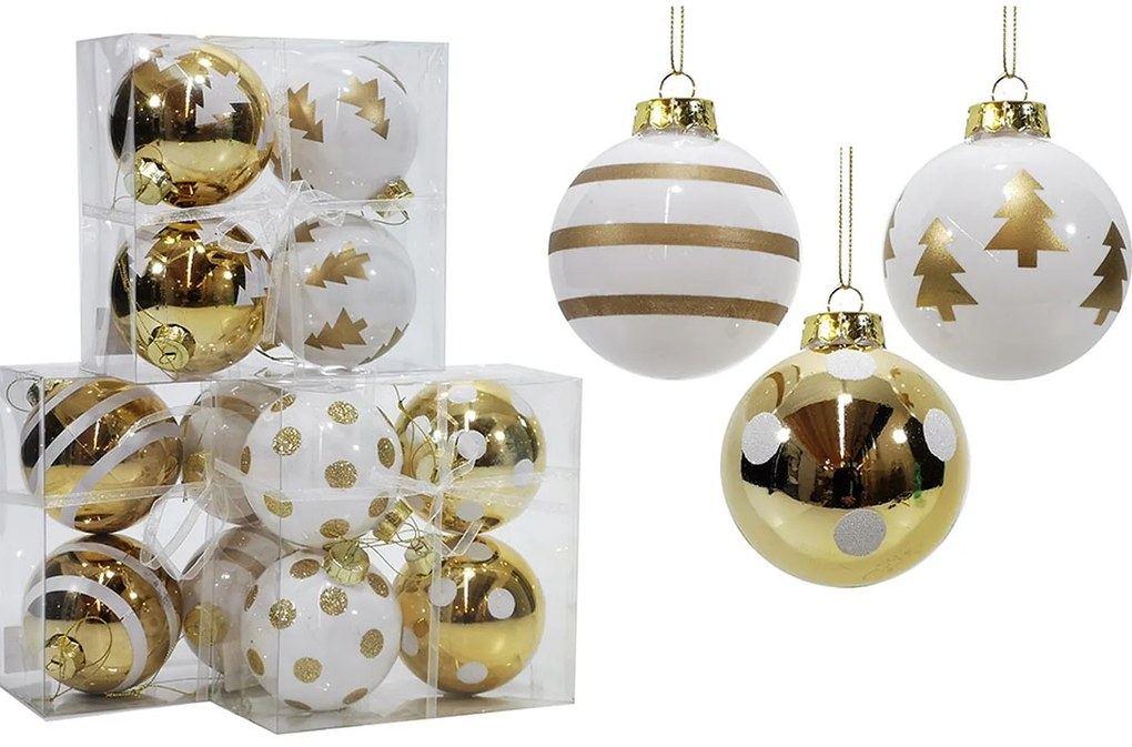 Χριστουγεννιάτικη Μπάλα Λευκό/Χρυσό 100mm Σετ 4Τμχ Σε 3 Σχέδια