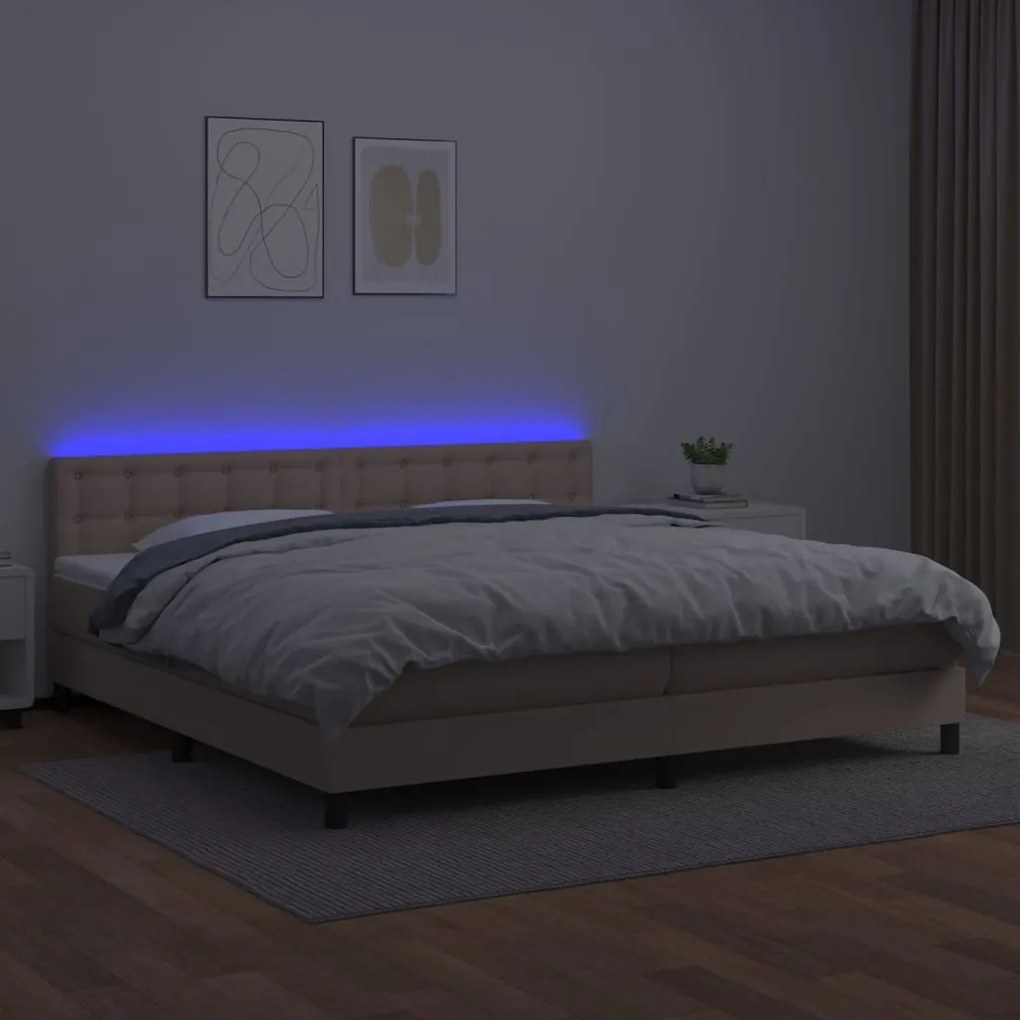 Κρεβάτι Boxspring Στρώμα&amp;LED Καπουτσίνο 200x200 εκ. Συνθ. Δέρμα - Καφέ