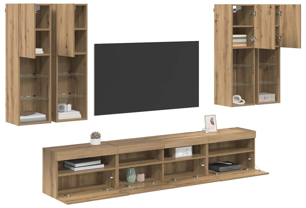 vidaXL Σετ Κονσόλας Τηλεόρασης με LED Φώτα 7 pcs artisan δρυς