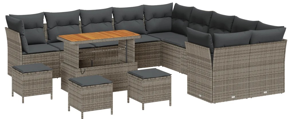 vidaXL Σετ Κήπου 14 Τεμαχίων με Μαξιλάρια Γκρι Poly Rattan Ακακίας