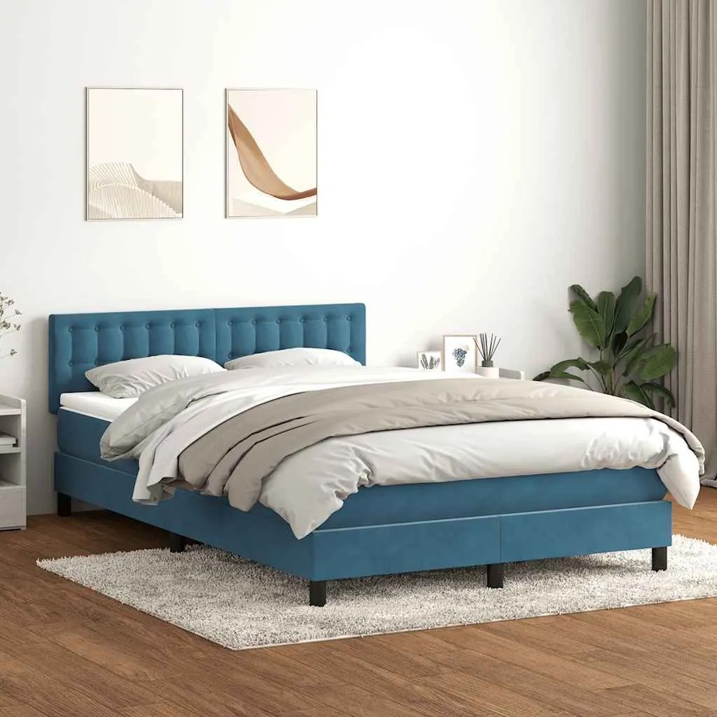 Κρεβάτι Boxspring με Στρώμα Σκούρο Μπλε 140x210 εκ. Βελούδινο