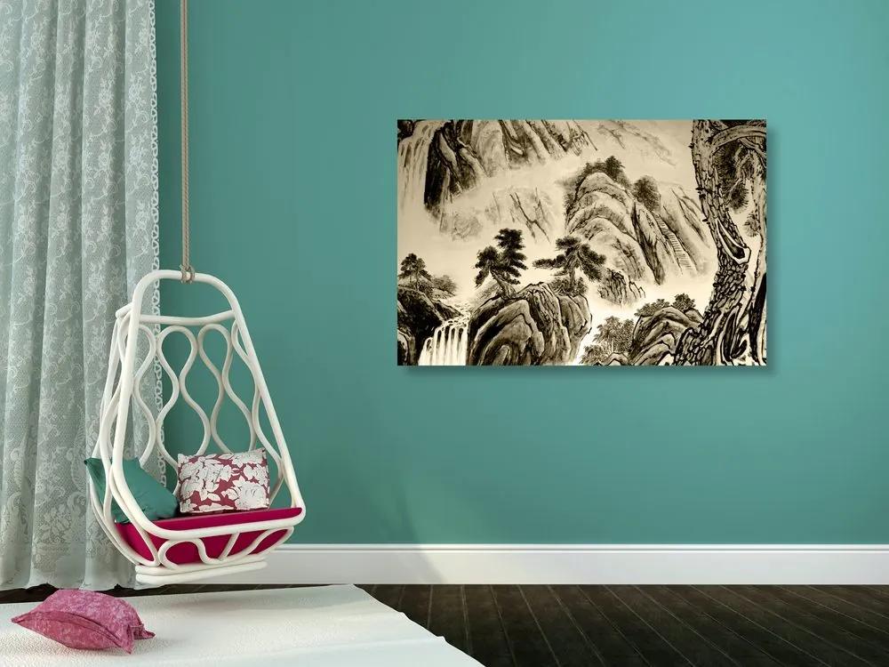 Εικόνα κινεζική ζωγραφική τοπίων σε σέπια - 90x60