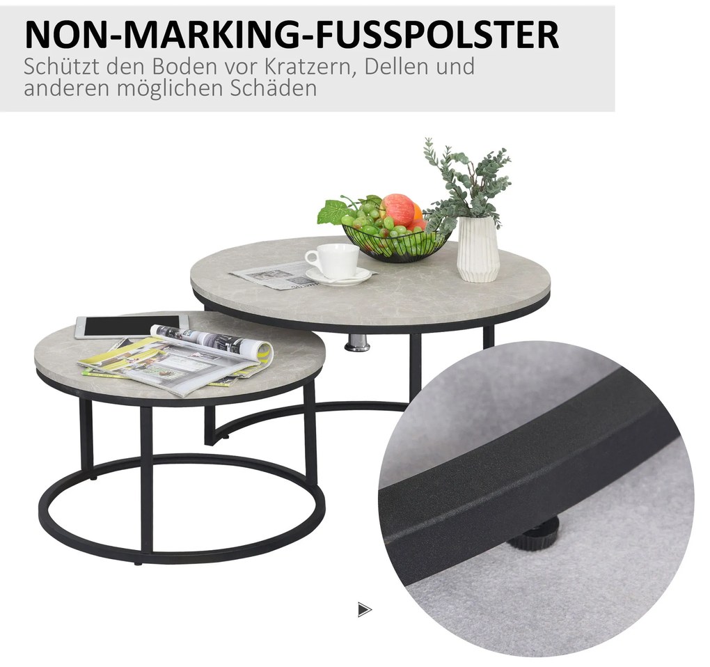 HOMCOM Σετ τραπεζιών σαλονιού, 2 στρογγυλά τραπέζια, βιομηχανικός σχεδιασμός, μεταλλικό πλαίσιο, όψη μπετόν/μαύρο