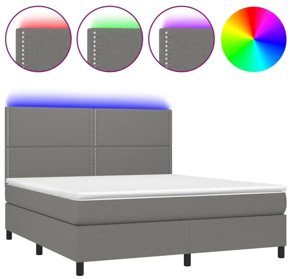 Κρεβάτι Boxspring με Στρώμα &amp; LED Σκ.Γκρι 180x200 εκ Υφασμάτινο - Γκρι