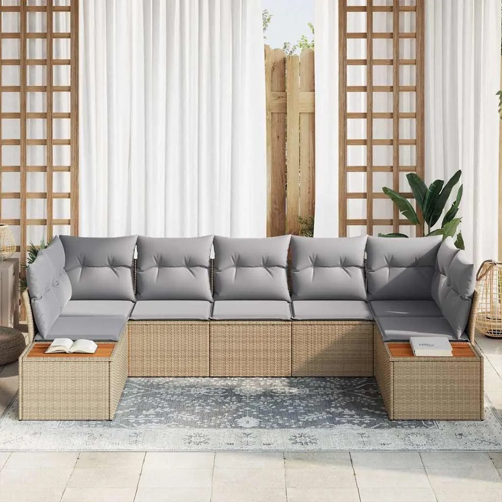 vidaXL Σετ Καναπέ Κήπου με μαξιλάρι 7 pcs Μπεζ Πολυ ράταν