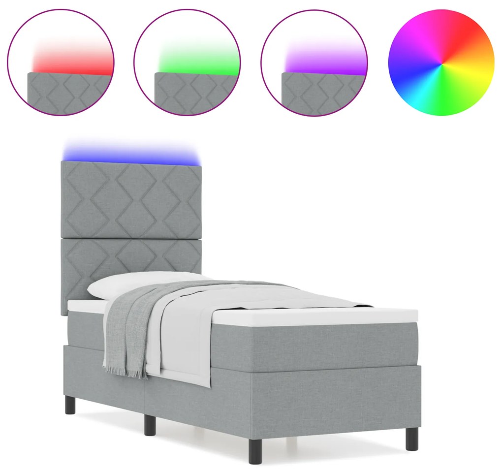 vidaXL Κρεβάτι με ελατήρια, στρώμα & LED φως , ανοικτό γκρι, 80 x 200 cm, υφασμάτινο