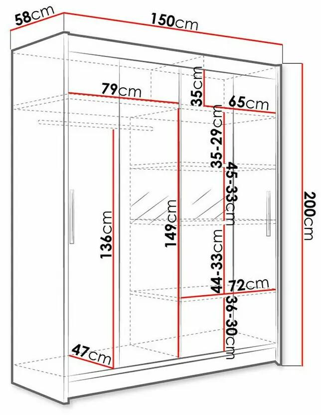 Ντουλάπα Atlanta 132, Sonoma οξιά, 200x150x58cm, 116 kg, Πόρτες ντουλάπας: Ολίσθηση, Αριθμός ραφιών: 5, Αριθμός ραφιών: 5 | Epipla1.gr