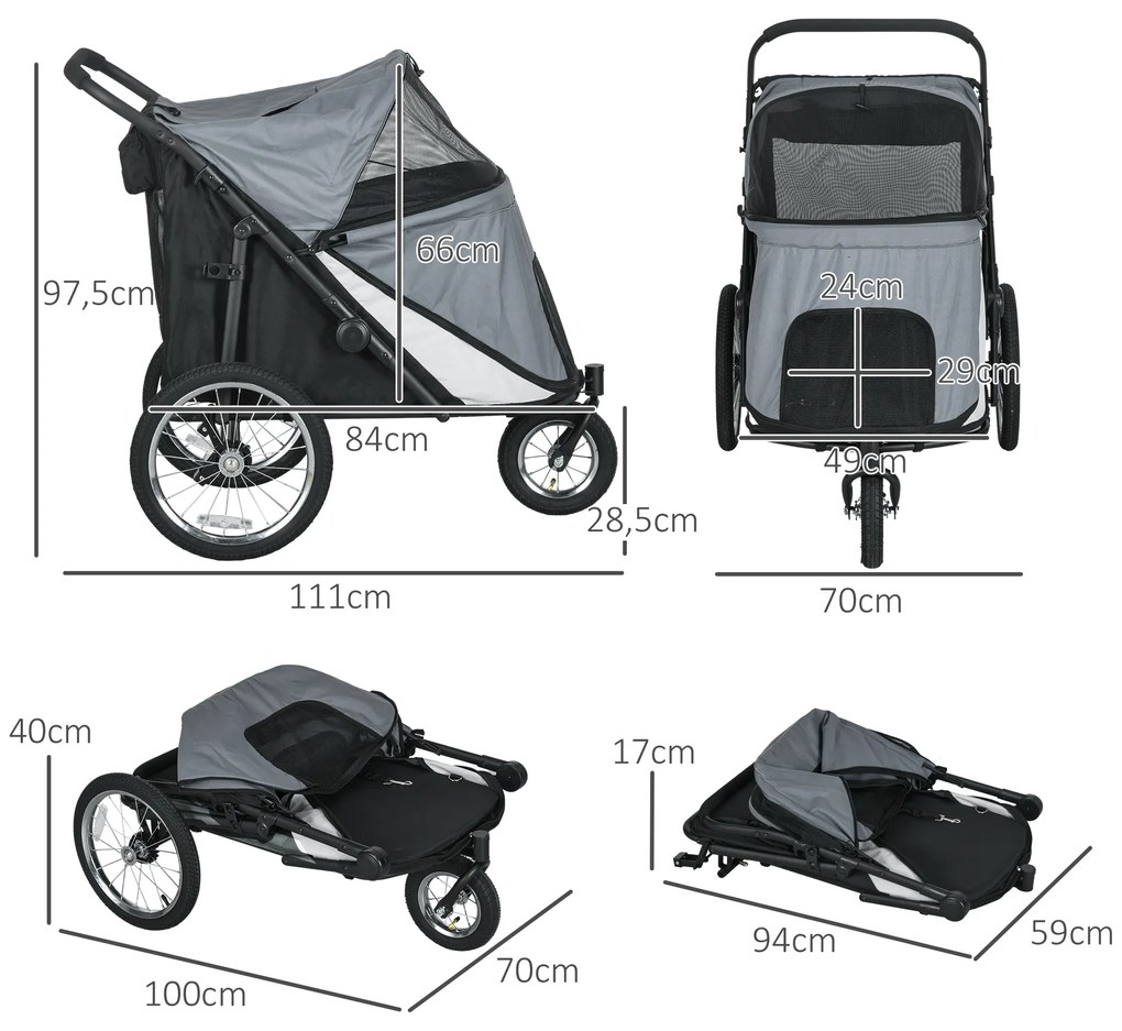 PawHut Καρότσι σκύλου, αναδιπλούμενο, ανακλινόμενο, μαξιλάρι ύπνου, ατσάλινο πλαίσιο, Γκρι/Μαύρο