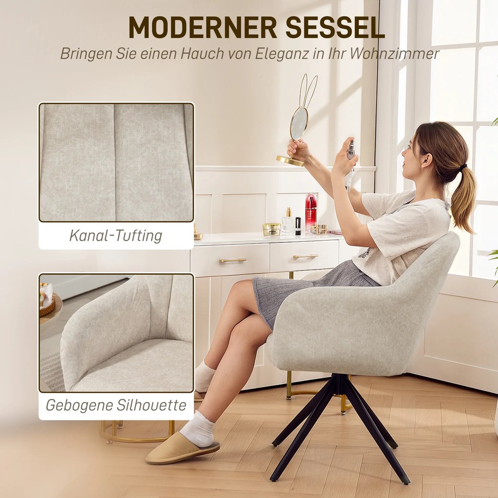 HOMCOM Περιστρεφόμενη Πολυθρόνα Accent, Πολυθρόνα με Υφασμάτινη Επένδυση, Μπράτσα, Ατσάλινα Πόδια, για Σαλόνι, Υπνοδωμάτιο, Γραφείο, Μπεζ