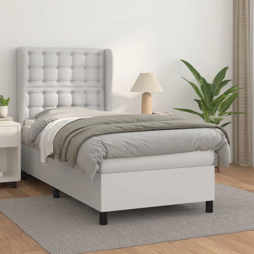 vidaXL Κρεβάτι Boxspring με Στρώμα Λευκό 90x200εκ. από Συνθετικό Δέρμα