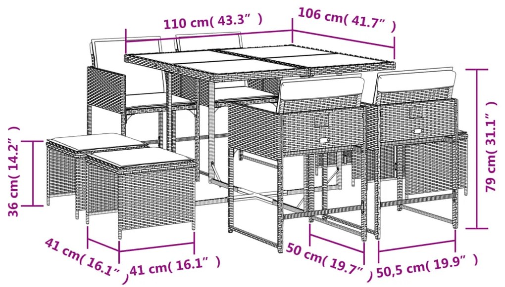 vidaXL Σετ Τραπεζαρίας Κήπου 9 τεμ. Γκρι Συνθ. Ρατάν με Μαξιλάρια