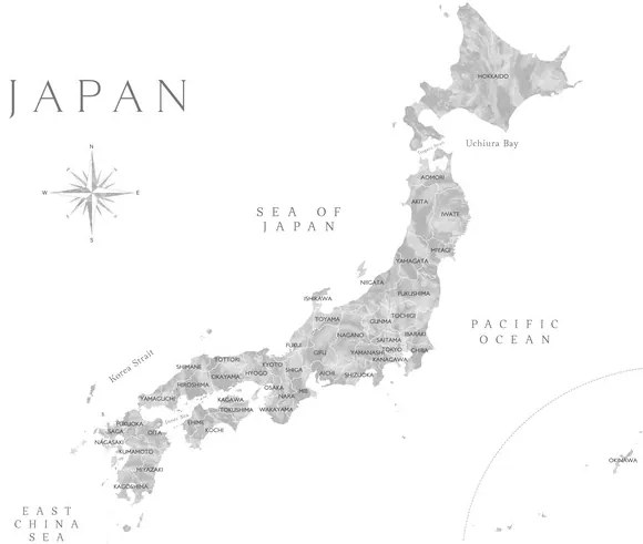 Χάρτης Map of Japan in gray watercolor, Blursbyai