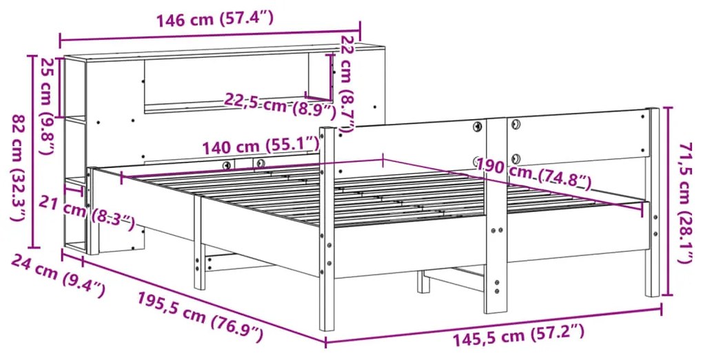 Κρεβάτι Βιβλιοθήκη Χωρίς Στρώμα 140x190 εκ Μασίφ Ξύλο Πεύκου - Καφέ