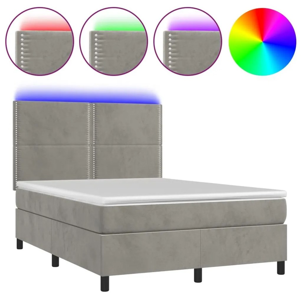 Κρεβάτι Boxspring με Στρώμα &amp; LED Αν.Γκρι 140x200 εκ. Βελούδινο - Γκρι