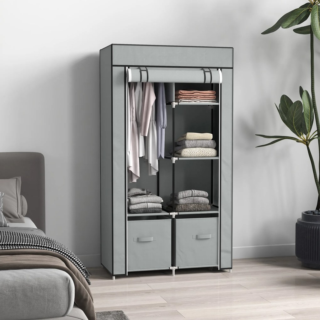 HOMCOM Ντουλάπα υφασμάτινη 1 ράβδος ρούχων, 2 συρτάρια, 83 x 42,5 x 162,5 cm, Γκρι
