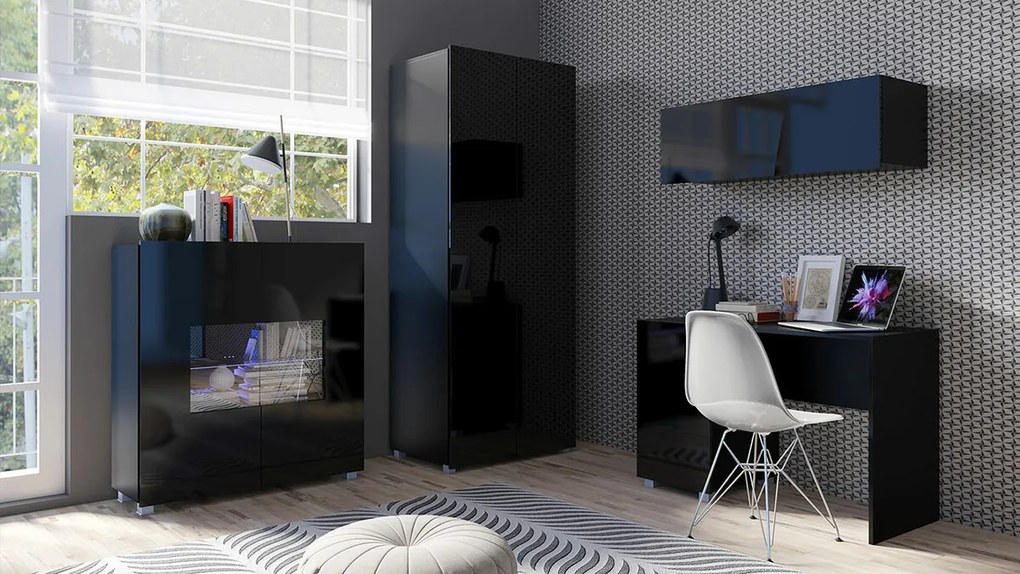 Σετ επίπλων Providence B156, 200x52cm, 143 kg, Μαύρο, Γυαλιστερό μαύρο, Πλαστικοποιημένη μοριοσανίδα, Επεξεργασμένο γυαλί, Στυλ: Μοντέρνο | Epipla1.gr