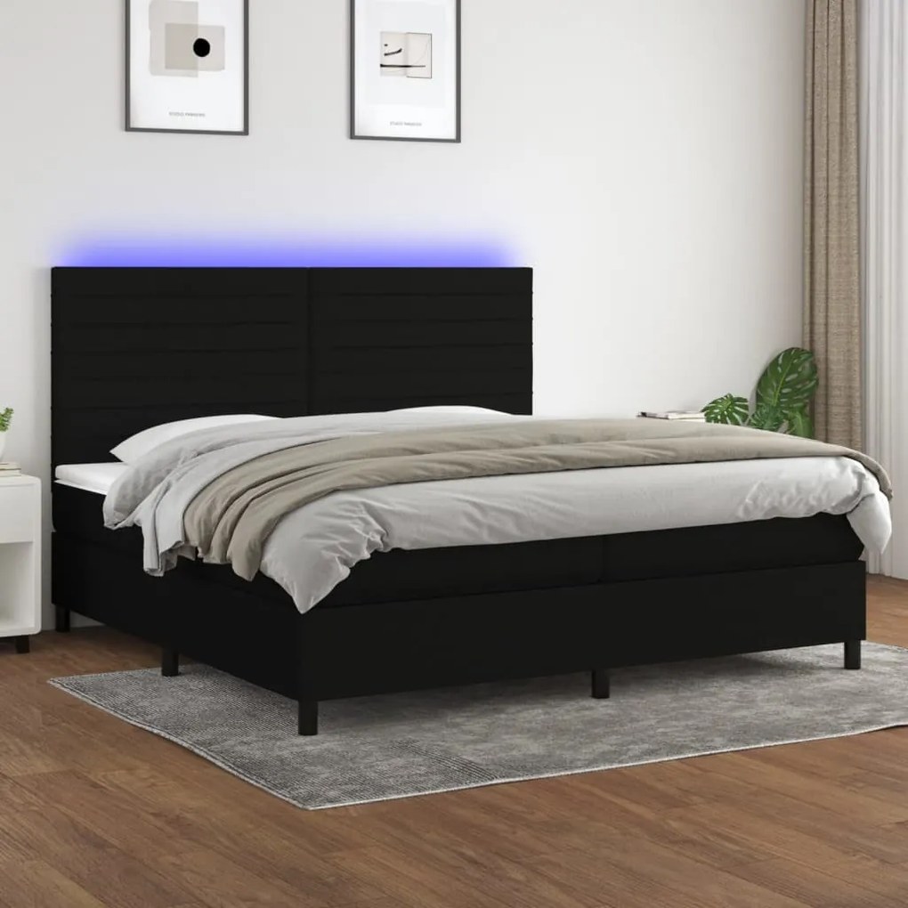 vidaXL Κρεβάτι Boxspring με Στρώμα & LED Μαύρο 200x200 εκ. Υφασμάτινο