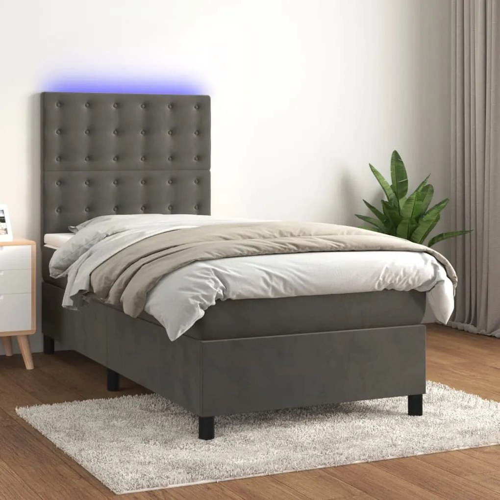 vidaXL Κρεβάτι Boxspring με Στρώμα & LED Σκ. Γκρι 90x200 εκ. Βελούδινο