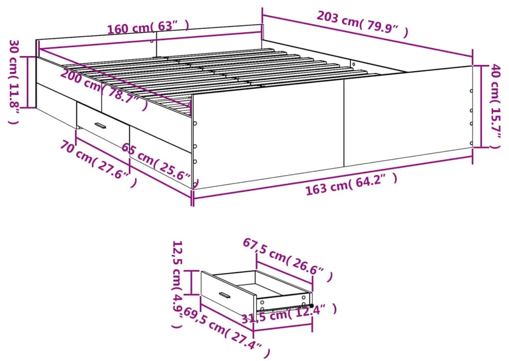 Πλαίσιο Κρεβατιού με συρτάρια Γκρι sonoma 160x200εκ. Επεξ. Ξύλο 3280284