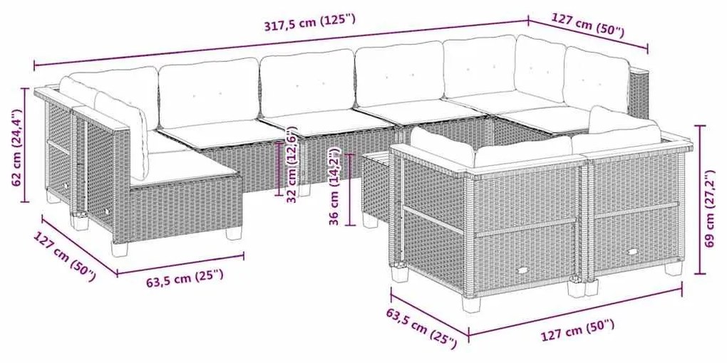 Σετ Καναπέ Κήπου 10 τεμ. Μπεζ Συνθετικό Ρατάν με Μαξιλάρια - Μπεζ