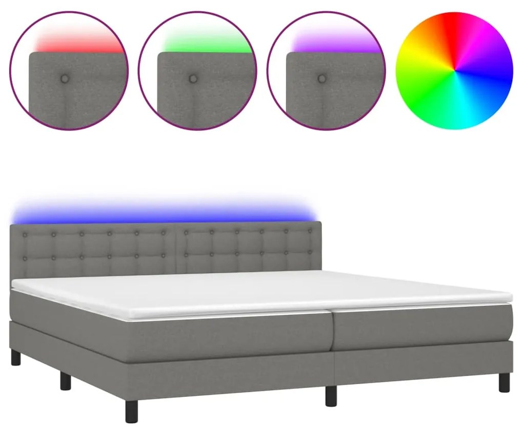 vidaXL Κρεβάτι Boxspring με Στρώμα & LED Σκ.Γκρι 200x200εκ. Υφασμάτινο