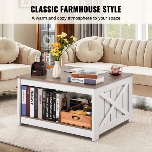 VEVOR 31.5&quot; Farmhouse Coffee Table Square Table with Open Storage Compartment