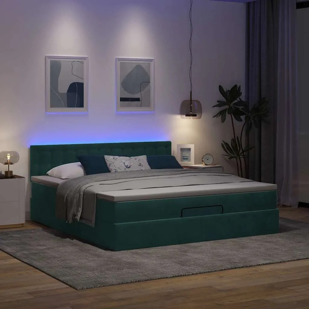 vidaXL Οθωμανικό κρεβάτι με στρώμα & LEDs Dark Green 160x200cm Velvet