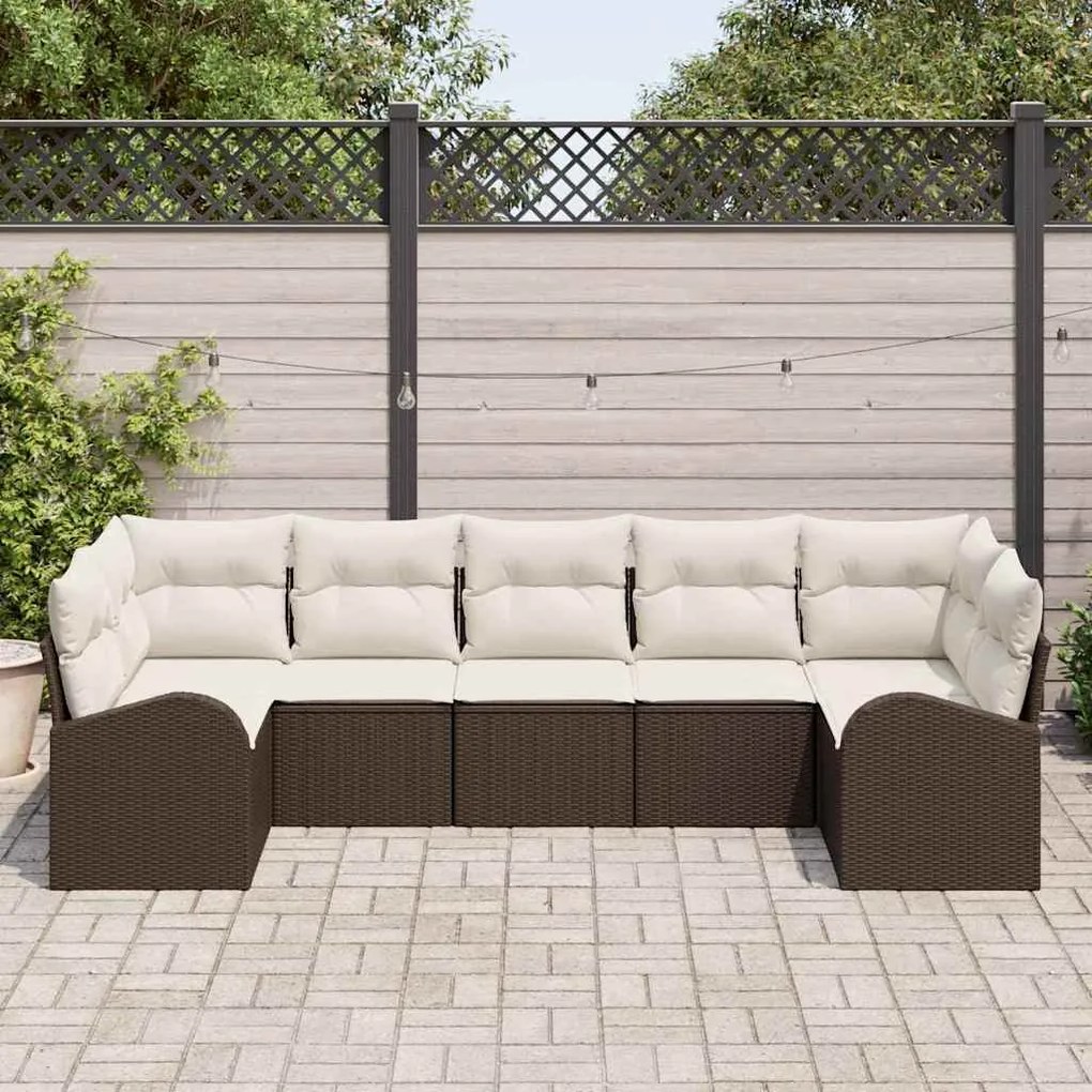 vidaXL Σετ Καναπέ Κήπου με μαξιλάρι 7 pcs Καφέ και Λευκό Πολυ ράταν