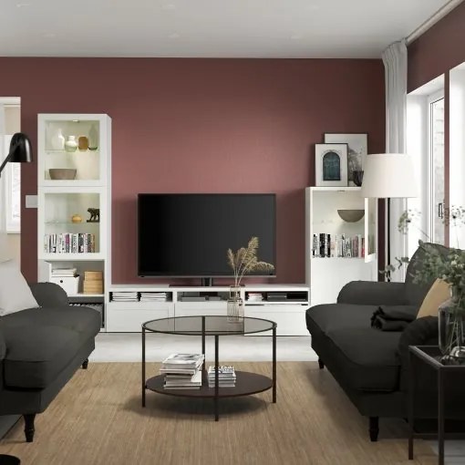 BESTÅ σύνθεση αποθήκευσης TV/γυάλινες πόρτες/συρτάρια με μαλακό κλείσιμο, 300x42x193 cm 493.307.92