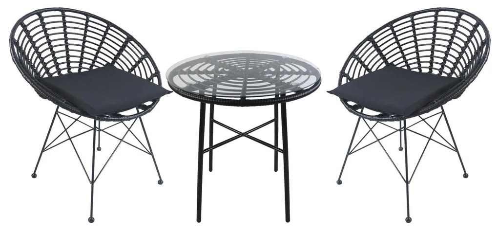 Σετ Τραπεζαρία Κήπου ArteLibre APPIUS Μαύρο Μέταλλο/Rattan/Γυαλί Με 2 Καρέκλες 14990388