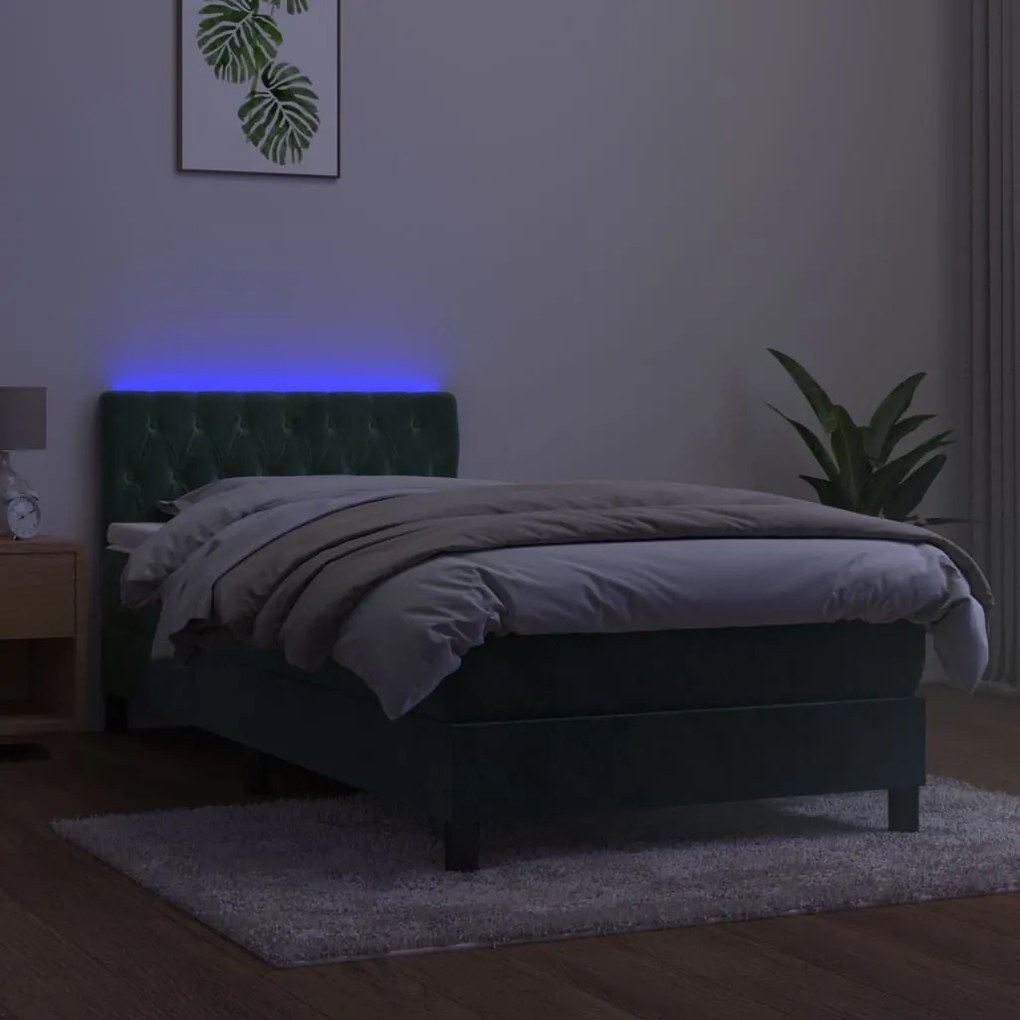 Κρεβάτι Boxspring με Στρώμα &amp; LED Σκ. Πράσινο 100x200εκ Βελούδο - Πράσινο