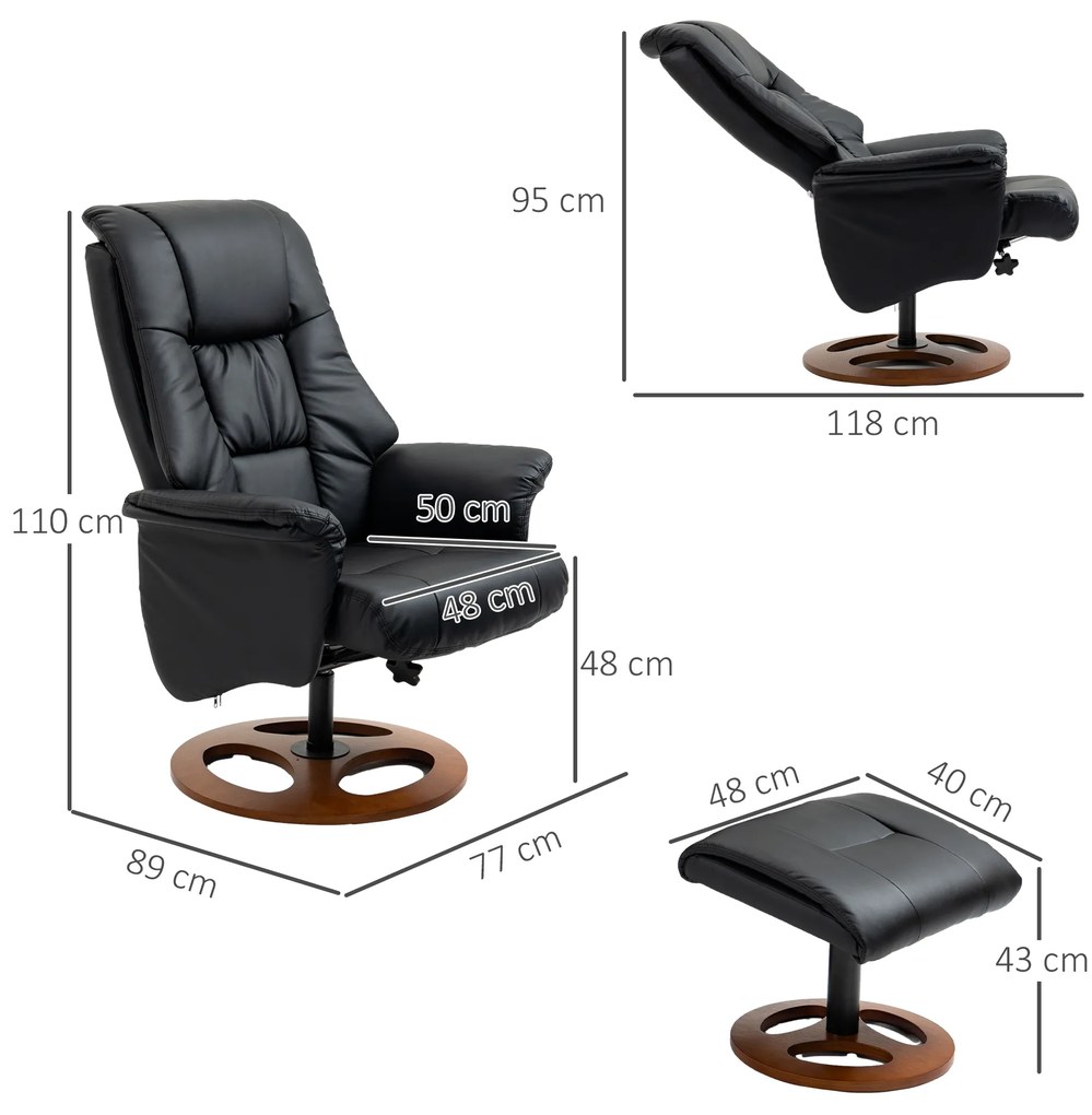 HOMCOM Πολυθρόνα Relax με Οθωμανικό, Πολυθρόνα με Υποπόδιο, Ρυθμιζόμενη Πλάτη, 77 cm x 89 cm x 110 cm, Μαύρο