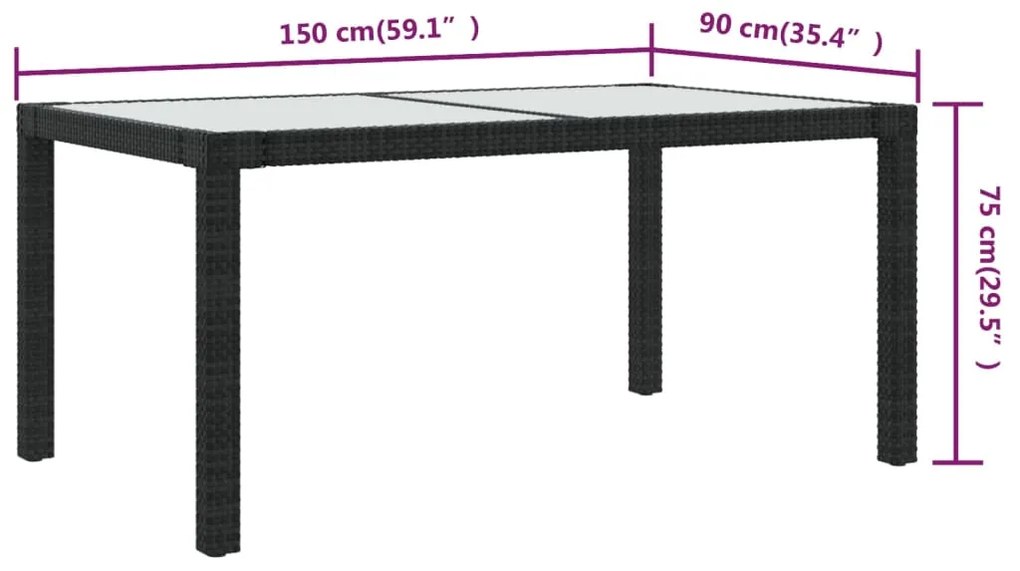 vidaXL Τραπέζι Κήπου Μαύρο 150x90x75 εκ. Συνθετικό Ρατάν/Ψημένο Γυαλί