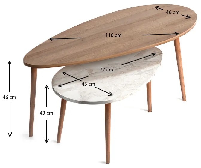 Τραπεζάκια βοηθητικά Elips Megapap χρώμα oak - μπεζ εφέ μαρμάρου 116x46x46εκ.