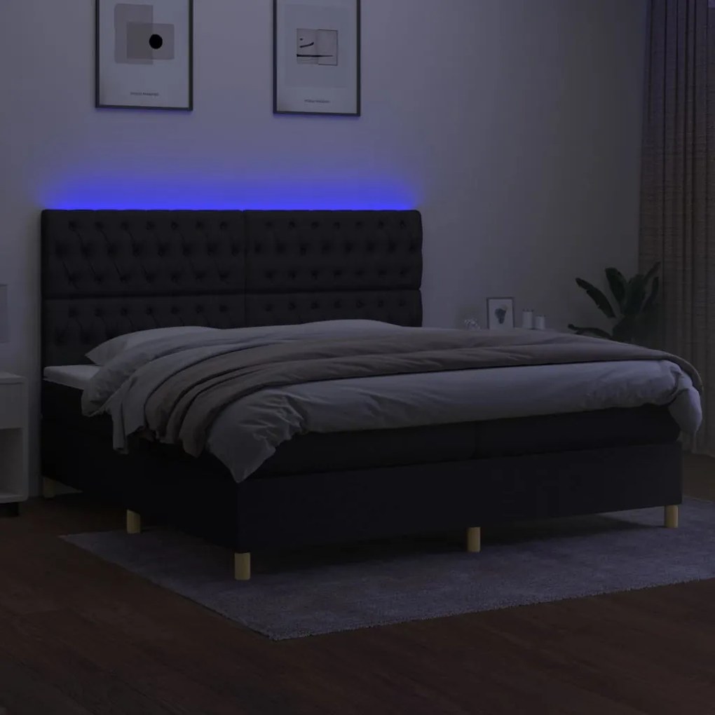 Κρεβάτι Boxspring με Στρώμα &amp; LED Μαύρο 200x200 εκ. Υφασμάτινο - Μαύρο