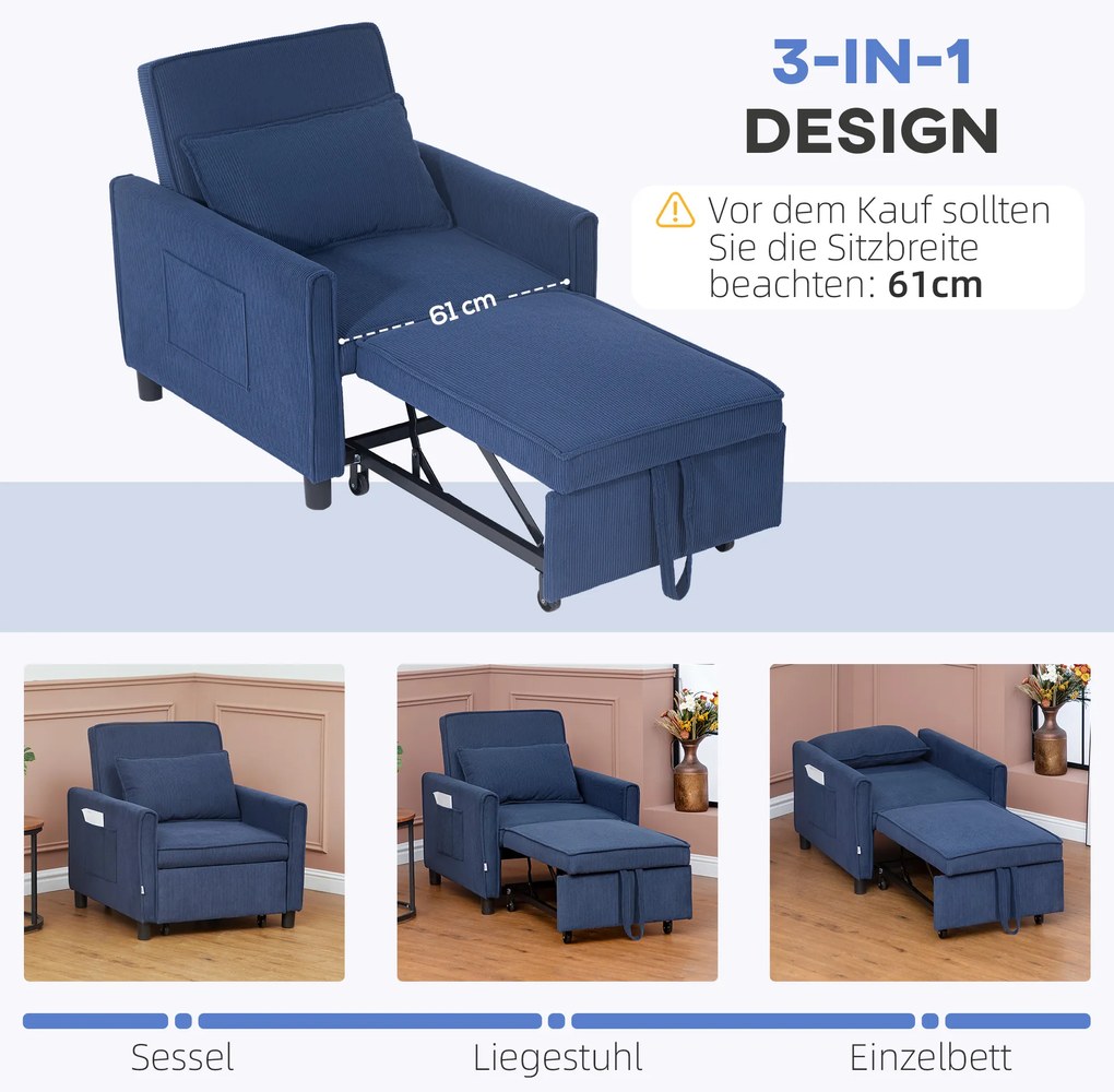 HOMCOM Πολυθρόνα-κρεβάτι, ρυθμιζόμενη, 3 θέσεις, κάλυμμα κοτλέ, έως 120 kg, μπλε
