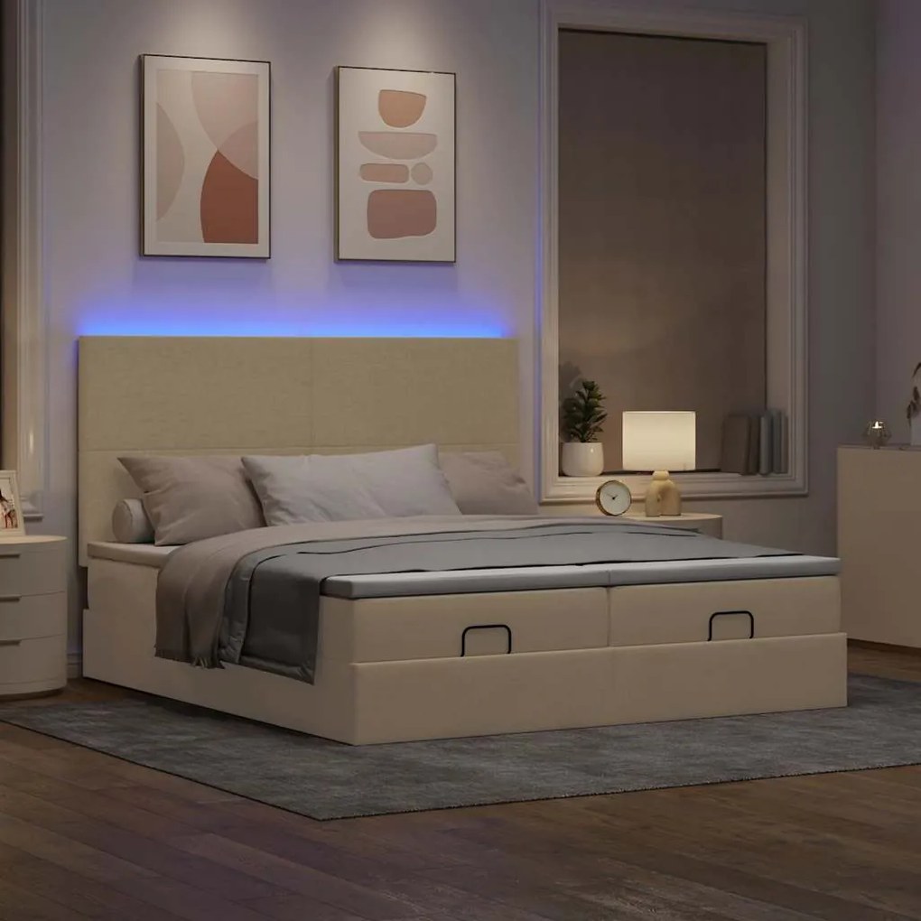 vidaXL Οθωμανικό κρεβάτι με στρώματα & LEDs Κρέμα 200x200cm ύφασμα