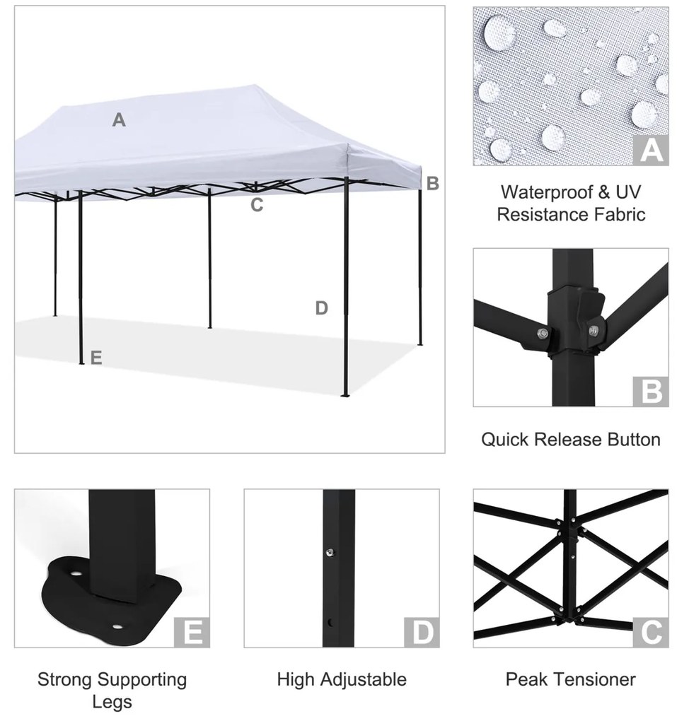 Κιόσκι Gazebo MATTHEW C6312 Πτυσσόμενο Μαύρο Μεταλλικό &amp; Λευκό Ύφασμα 3x6x3,10Yμ. 300x600x310 εκ.