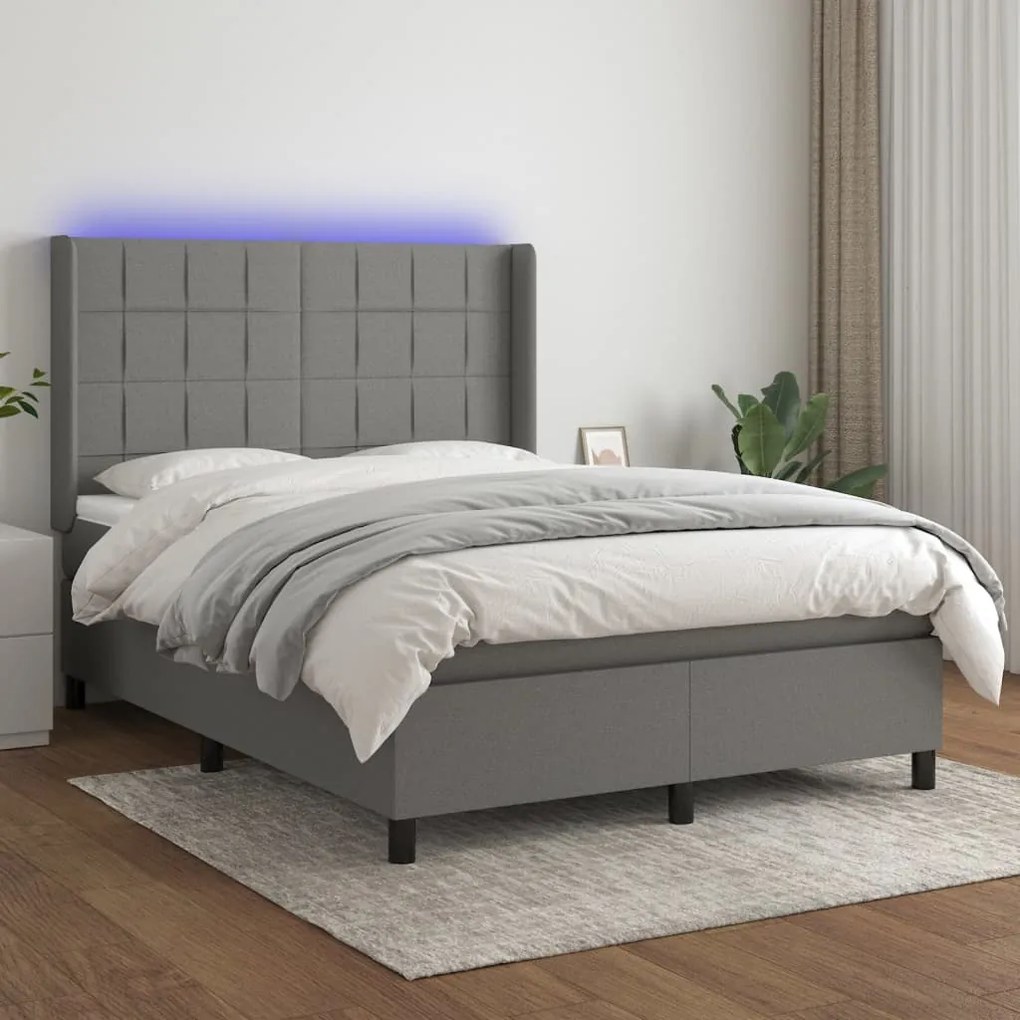 Κρεβάτι Boxspring με Στρώμα & LED Σκ.Γκρι 140x200 εκ Υφασμάτινο