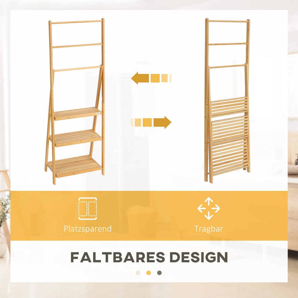 kleankin Σκάλα πετσετών από μπαμπού με ράφια, 3 ράφια, 3 κρεμάστρες πετσετών, πτυσσόμενη, 53 cm x 30,5 cm x 152 cm, Φυσικό