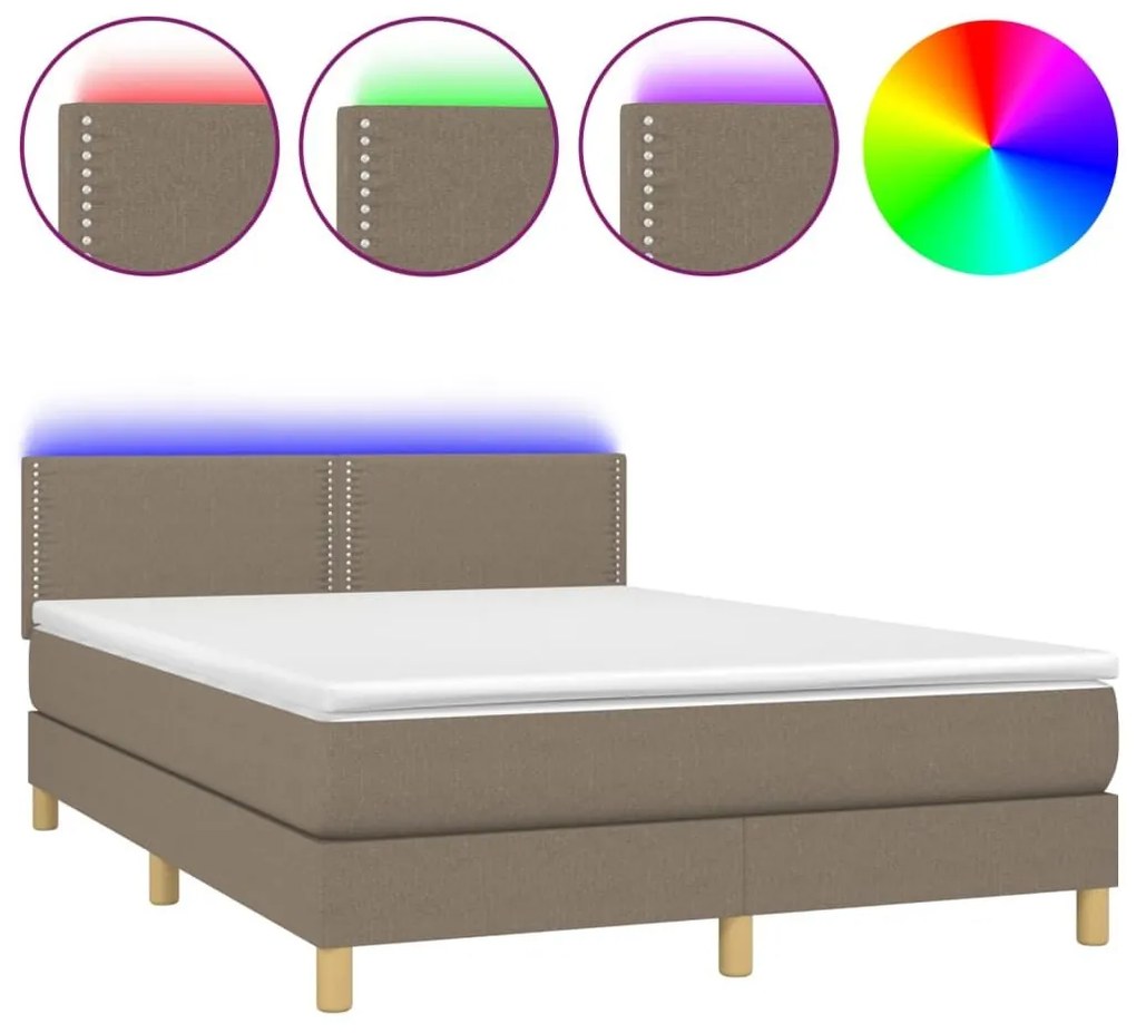 Κρεβάτι Boxspring με Στρώμα &amp; LED Taupe 140x200 εκ. Υφασμάτινο - Μπεζ-Γκρι