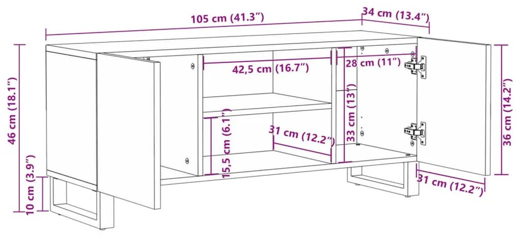 Έπιπλο Τηλεόρασης 105 x 34 x 46 εκ. Μασίφ Ακατέργ. Ξύλο Μάνγκο - Καφέ