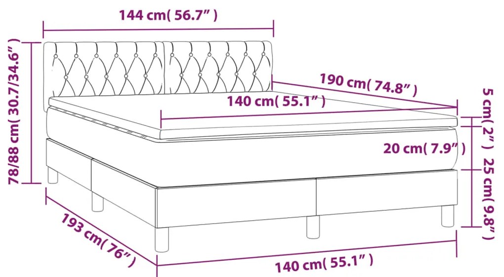 Κρεβάτι Boxspring με Στρώμα &amp; LED Σκ.Γκρι 140x190 εκ Υφασμάτινο - Γκρι