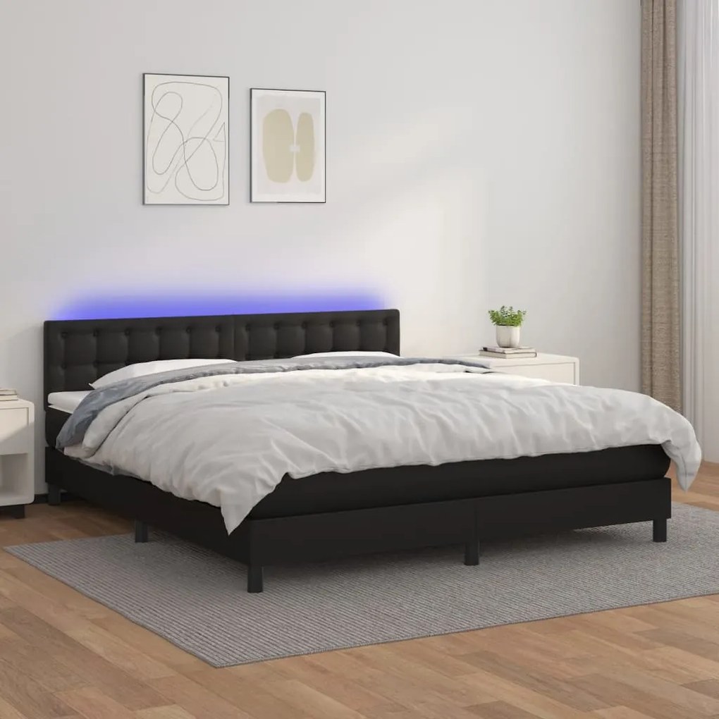 Κρεβάτι Boxspring με Στρώμα &amp; LED Μαύρο 160x200 εκ. Συνθ. Δέρμα - Μαύρο